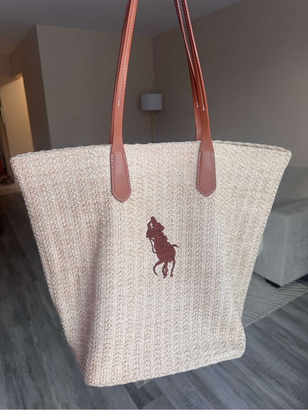 Polo by Ralph Lauren Beige Raffia Tote with Brown Leather Handles